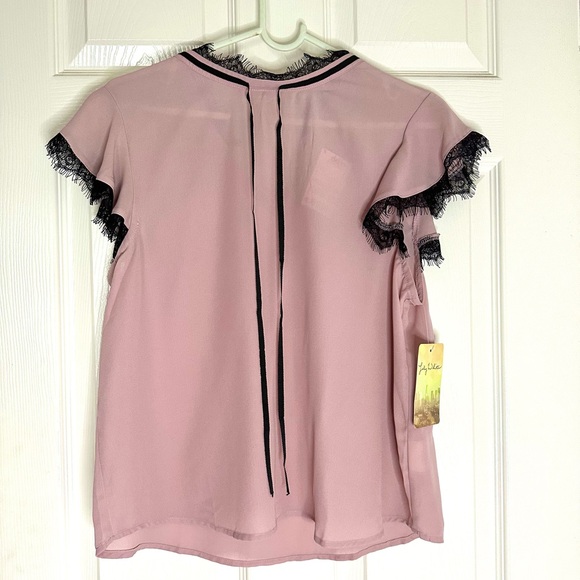 NWT-Pink Blouse with Black Lace Trim by Lily White - Picture 2 of 2